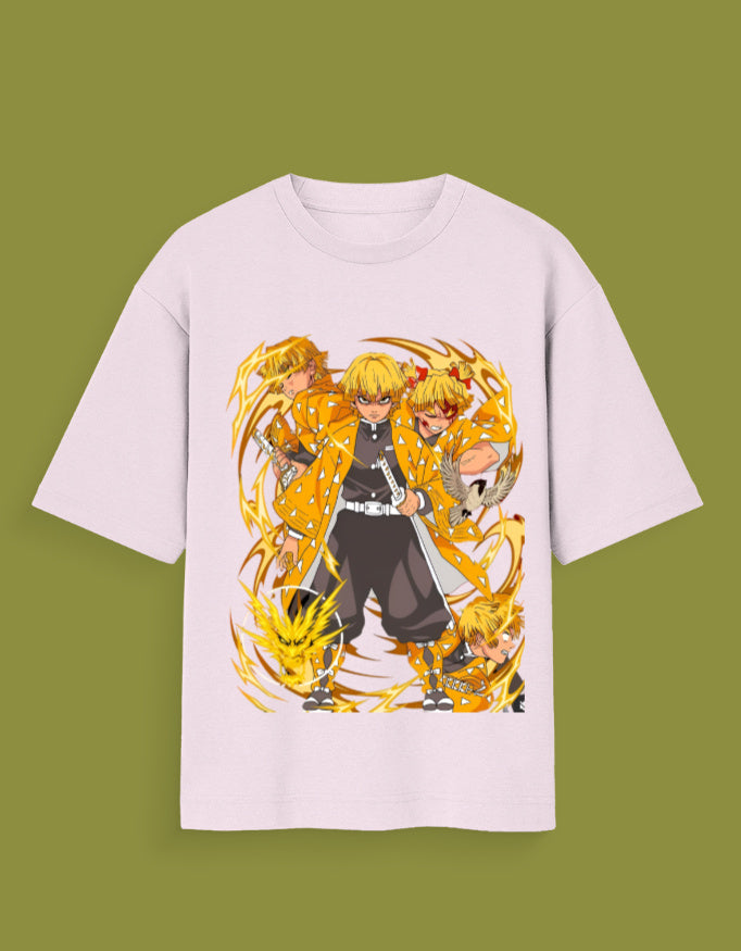 White t-shirt featuring multiple dynamic poses of Zenitsu from Demon Slayer with lightning effects Zenitsu t-shirt India