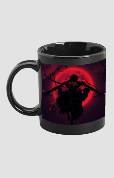 Black Zoro anime coffee mug featuring a dark silhouette with a red glowing moon background