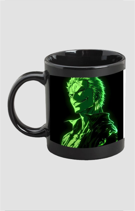 Black Zoro coffee mug with glowing green anime character design on the side