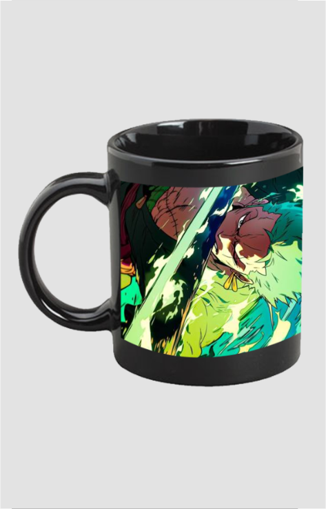 Black Zoro coffee mug One Piece featuring vibrant anime artwork on glossy ceramic surface