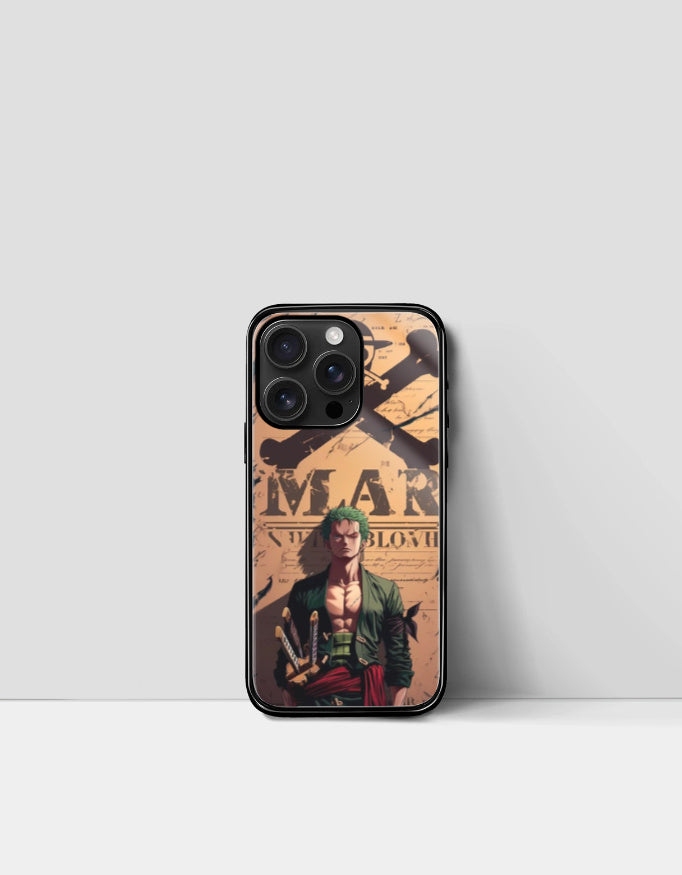 Zoro iPhone case featuring anime character Roronoa Zoro with swords and vintage background