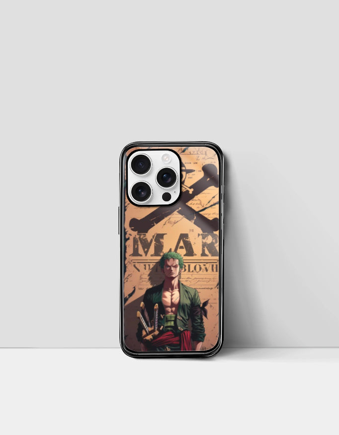 Zoro iPhone case featuring anime character design with swords and pirate background