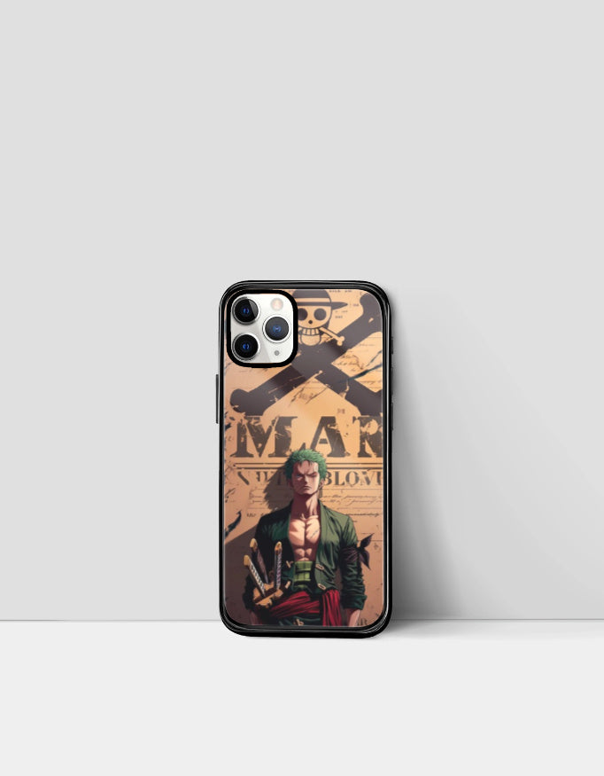 Zoro iPhone case featuring anime character with swords and pirate-themed background from AnimeVerseStore