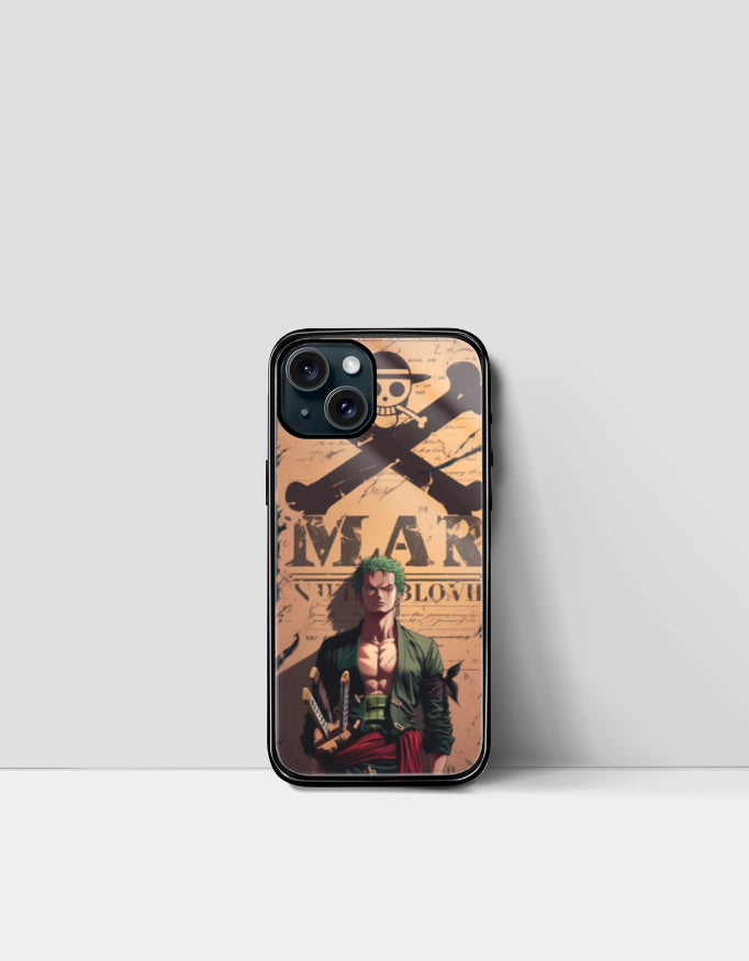 Zoro iPhone case featuring anime character with swords and pirate emblem background