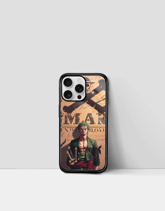 Zoro iPhone case featuring anime character with swords and vintage poster design