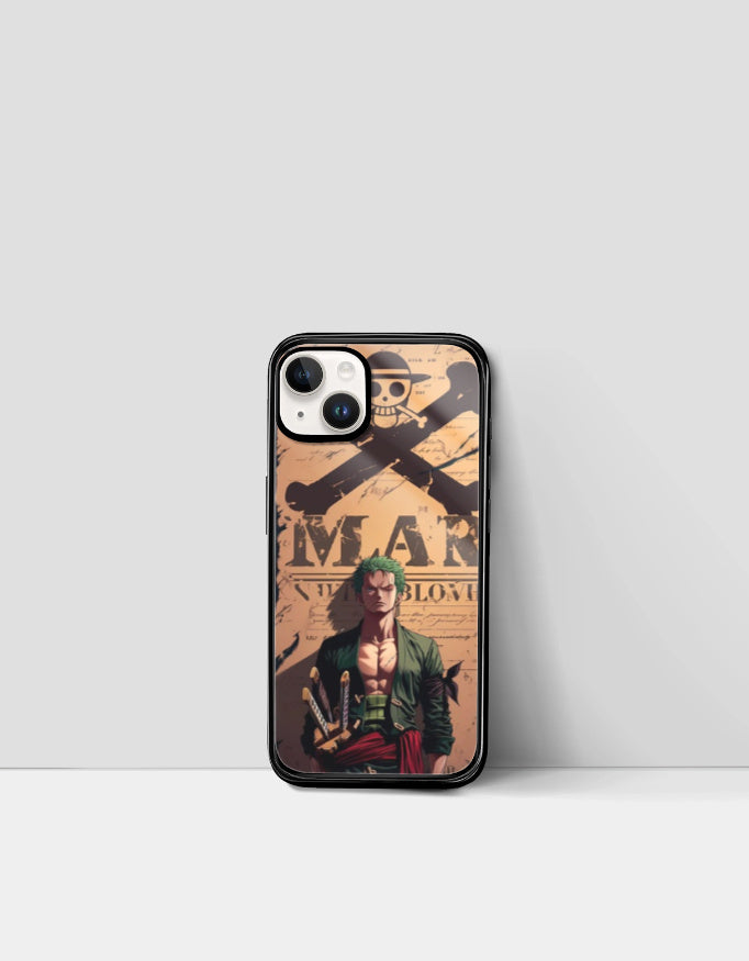 Zoro iPhone case featuring anime character with swords and pirate logo design