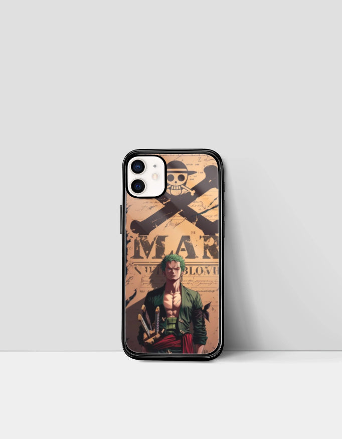 AnimeVerseStore Zoro iPhone case featuring detailed character art and pirate logo design