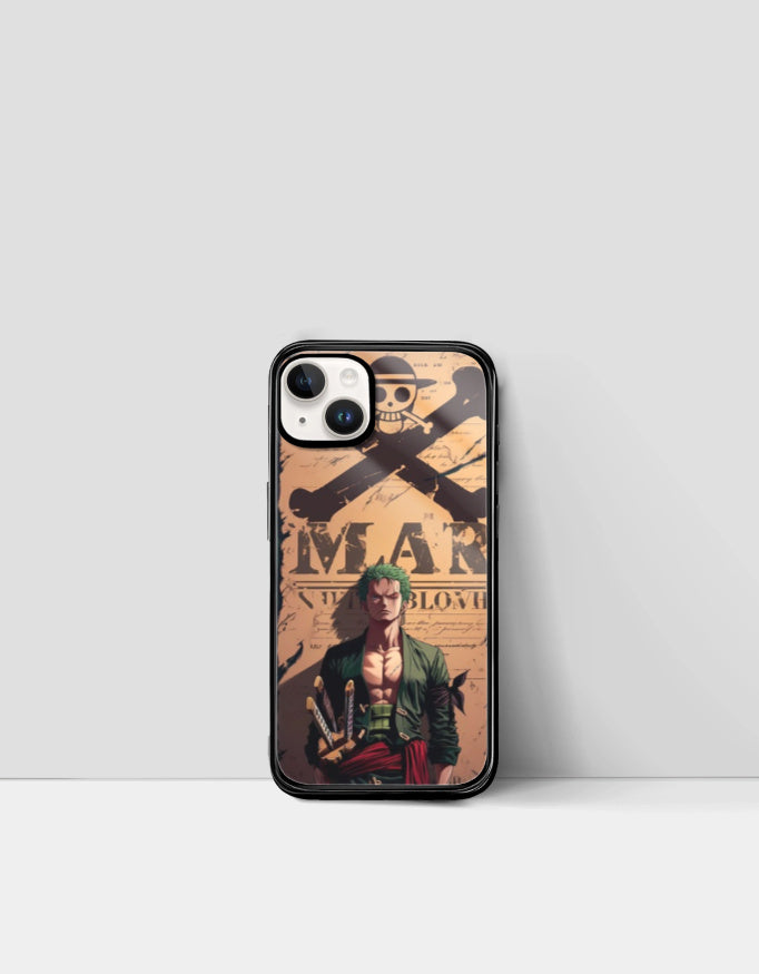 Zoro iPhone case featuring a detailed anime design with swords and a pirate emblem