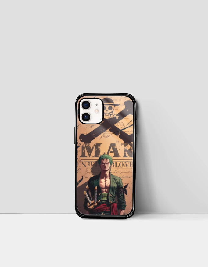 Zoro iPhone case featuring anime character with green hair and swords on a vintage pirate background