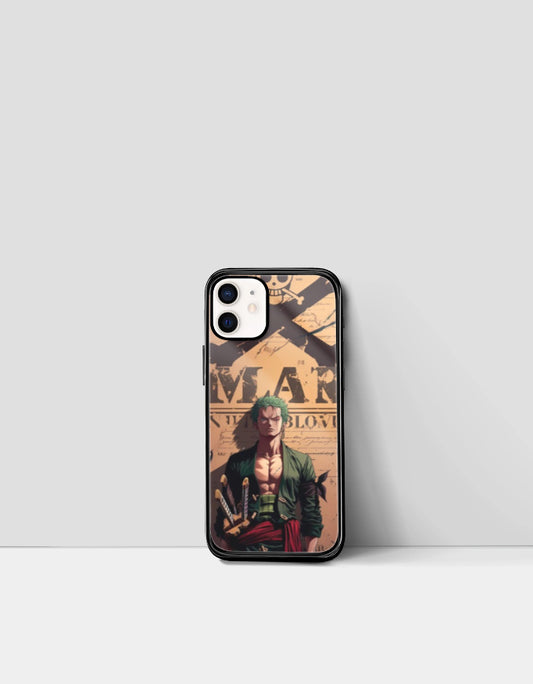 Zoro iPhone case featuring detailed anime character art with a vintage bounty poster background