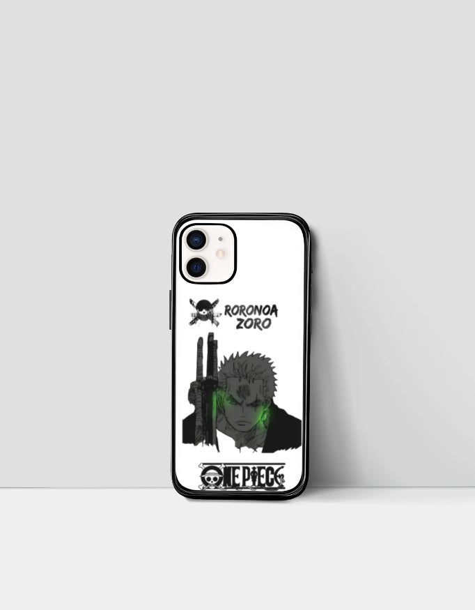 Zoro iPhone case featuring Koronoa Zoro artwork with One Piece logo in black and white