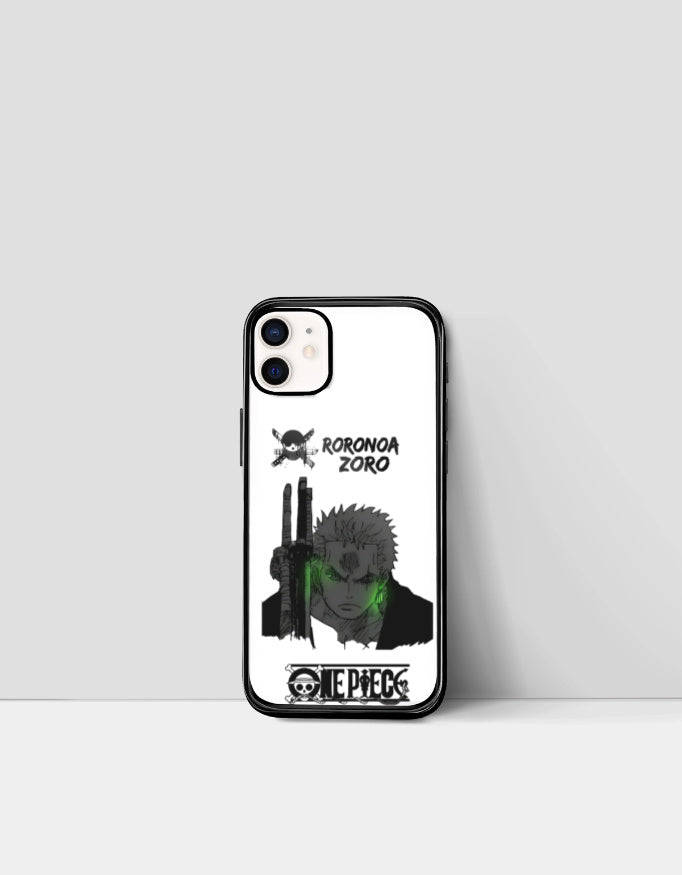 Zoro iPhone case with Roronoa Zoro anime design and One Piece logo on white background