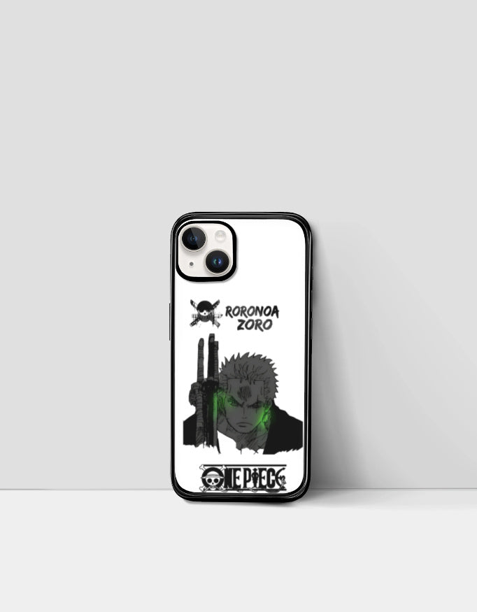 Zoro iPhone case featuring Roronoa Zoro design from One Piece with black and green accents