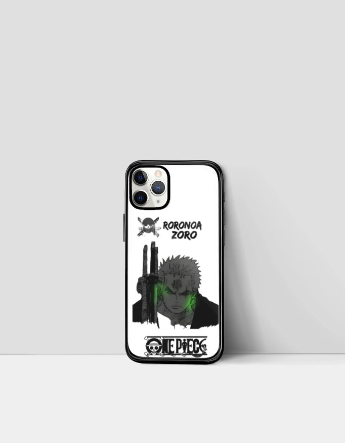 Zoro iPhone case featuring Roronoa Zoro from One Piece with black and white design