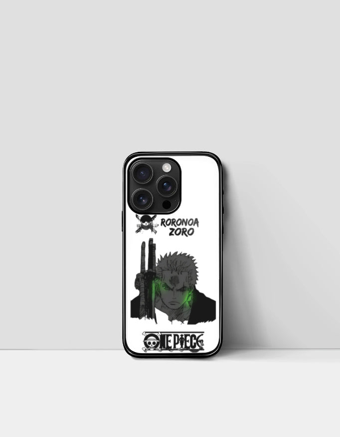 Zoro iPhone case featuring Roronoa Zoro design with One Piece logo in black and white