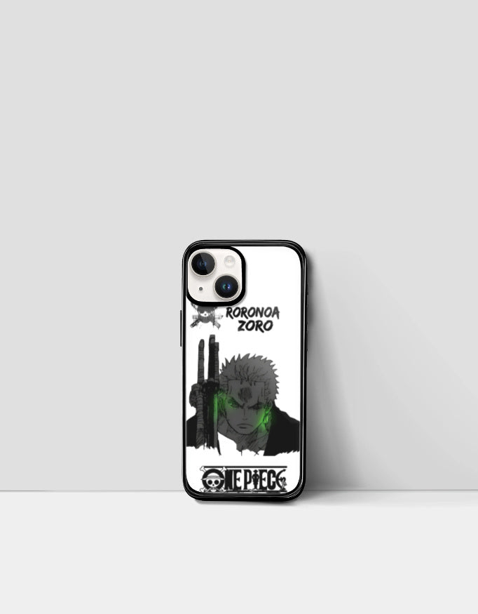 Zoro iPhone case with Roronoa Zoro design from One Piece featuring green highlights on black and white background