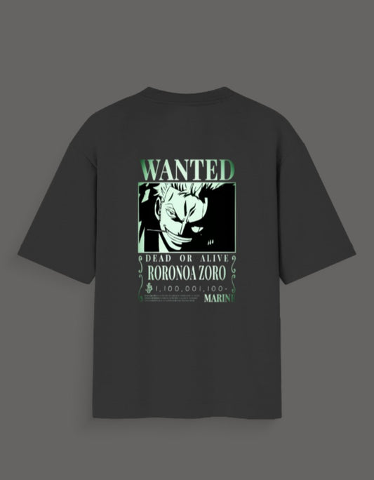 Black Zoro wanted poster t-shirt from AnimeVerseStore featuring Roronoa Zoro graphic and text